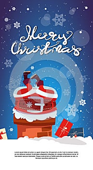 Merry Christmas Vertical Banner With Santa Claus Stack In Chimney Holiday Poster Design With Copy Space