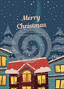 Merry Christmas vertical card in subdued retro colors. Winter town in christmas lights and snowfall. photo
