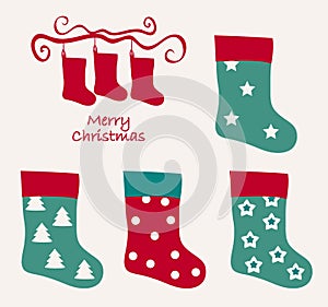 Merry Christmas Vintage background with stockings. Old tradition. Retro design.