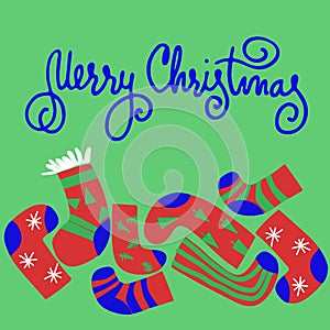 Merry Christmas vintage greeting card. Hand lettering and Christmas stockings