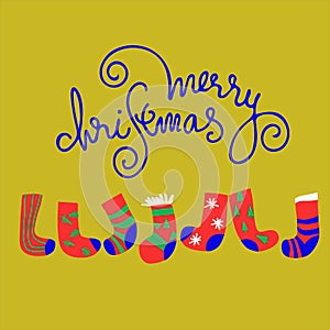 Merry Christmas vintage greeting card. Hand lettering and Christmas stockings