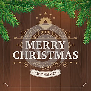 Merry christmas vintage line art on wood background