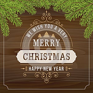 Merry christmas vintage line art on wood plank background