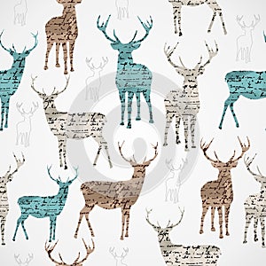 Merry Christmas vintage reindeer grunge seamless pattern.