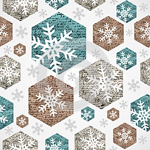 Merry Christmas vintage snowflakes grunge seamless pattern.