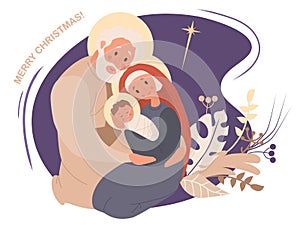 Merry Christmas. Virgin Mary and Joseph and baby Jesus Christ. The birth of the Savior, Holy Family and the star of Bethlehem on a