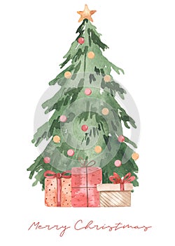 Merry christmas watercolor card with fir tree, christmas tree decorations, gifts