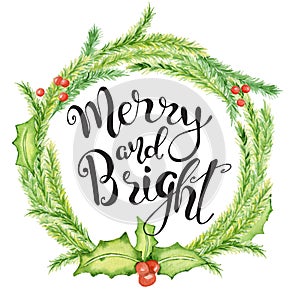 Merry Christmas watercolor card with floral winter elements. Happy New Year lettering quote Merry and Bright