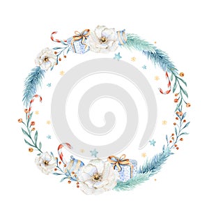 Merry Christmas watercolor cards with floral elements. Happy New Year lettering posters. Winter xmas flower and branch