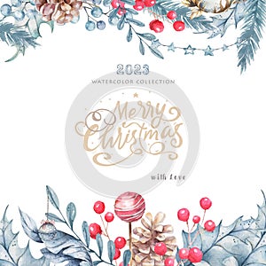 Merry Christmas watercolor illustration, frame for text. New Year's template. Winter greeting illustration.