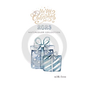 Merry christmas watercolor illustration, gift boxes. Christmas gifts, winter clipart, lettering