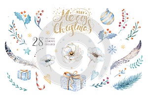 Merry Christmas watercolor set with floral elements. Happy New Year lettering poster collection. Winter flower and