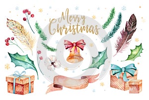 Merry Christmas watercolor set with floral elements. Happy New Year lettering poster collection. Winter flower and