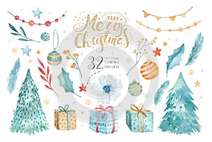 Merry Christmas watercolor set with floral elements. Happy New Year lettering poster collection. Winter flowers, gift