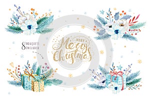 Merry Christmas watercolor set with floral elements. Happy New Year lettering poster collection. Winter flowers, gift