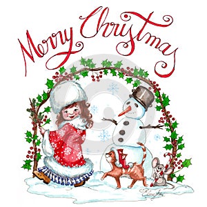 Merry Christmas watercolor illustration with children a snowman a funny cat and a small mouse