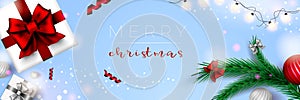 Merry Christmas web banner. Xmas and Happy New Year 2022 holiday celebration poster. Vector illustration with 3d realistic