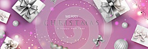 Merry Christmas web banner. Xmas and Happy New Year 2022 holiday celebration poster. Vector illustration with 3d realistic