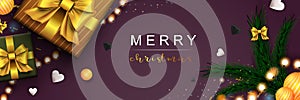 Merry Christmas web banner. Xmas and Happy New Year 2022 holiday celebration poster. Vector illustration with 3d realistic