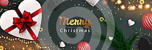 Merry Christmas web banner. Xmas and Happy New Year 2022 holiday celebration poster. Vector illustration with 3d realistic