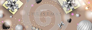 Merry Christmas web banner. Xmas and Happy New Year 2022 holiday celebration poster. Vector illustration with 3d realistic