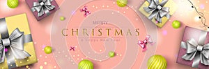 Merry Christmas web banner. Xmas and Happy New Year 2022 holiday celebration poster. Vector illustration with 3d realistic