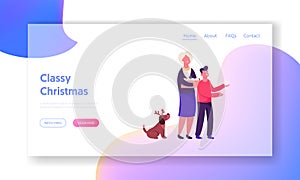 Merry Christmas Website Landing Page. Grandmother with Grandson and Funny Dog Prepare for New Year Celebration