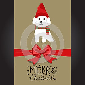 Merry christmas white dogs in the red hat hand lettering vector.