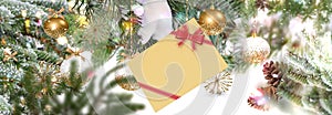 Merry Christmas white  gold ball and gift box with  greetings card on colorful pine tree branch  snow flakes  banner