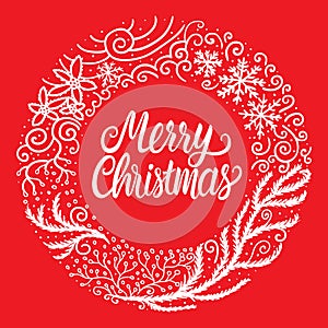 Merry Christmas white hand drawn lettering text inscription. Vector illustration round ornament frame isolated on red