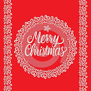 Merry Christmas white hand drawn lettering text inscription. Vector illustration round winter lace ornament frame and