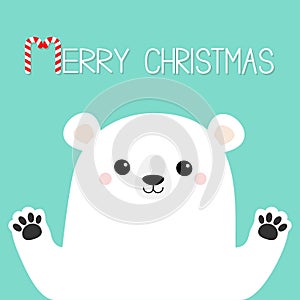 Merry Christmas. White polar bear holding hands paw print. Cute cartoon funny kawaii baby character. Happy New Year. Greeting Card