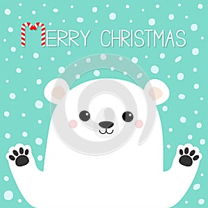 Merry Christmas. White polar bear holding hands paw print. Cute cartoon funny kawaii baby character. Happy New Year. Greeting Card