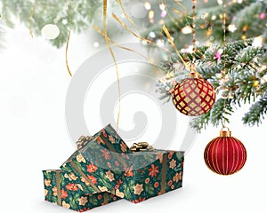Merry Christmas white red  gold ball and gift box with  greetings card on colorful pine tree branch  snow flakes  banner