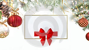 Merry Christmas white red  gold ball and gift box with  greetings card on colorful pine tree branch  snow flakes  banner