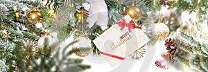 Merry Christmas white red  gold ball and gift box with  greetings card on colorful pine tree branch  snow flakes  banner