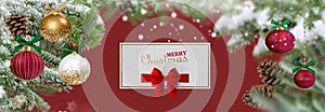 Merry Christmas white red  gold ball and gift box with  greetings card on colorful pine tree branch  snow flakes  banner