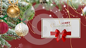 Merry Christmas white red  gold ball and gift box with  greetings card on colorful pine tree branch  snow flakes  banner