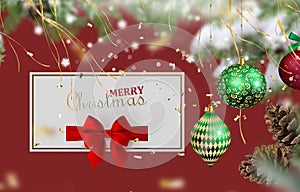 Merry Christmas white red  gold ball and gift box with  greetings card on colorful pine tree branch  snow flakes  banner