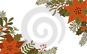 Merry christmas winter foliage flowers leaves branches and red berries isolated vector illustration background