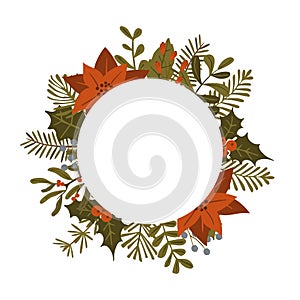 Christmas winter foliage plants, poinsettia flowers leaves branches, red berries circle round frame template, isolated vector illu