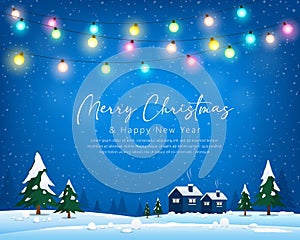 Merry Christmas winter greeting card bulb light, house, tree and snow blue background