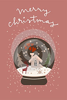 Merry Christmas. Winter holidays retro style vintage hand drawn greeting card, gift tag, postcard, poster with a glass snow globe