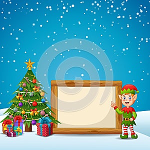 Merry Christmas winter landscape background with signboard