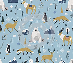 Merry Christmas winter pattern. Seamless pattern with winter animals, reindeer, bear, deer. Vector hand drawn