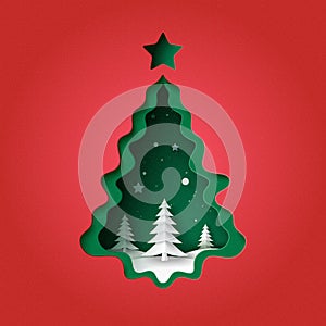 Merry Christmas and winter season on red background. Green christmas Tree decorated .Vector illustration in paper art craft