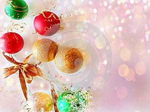 Merry Christmas wishes  greetings card, bred silver and gold  ball on white background blurred light  season banner copy s