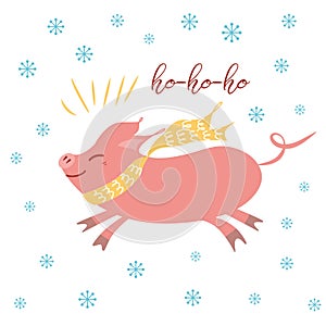 Merry Christmas wishing, greeting card Christmas sticker. Pig with scarf Banner label sign print poster