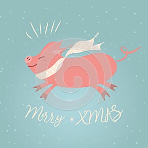 Merry Christmas wishing, greeting card Christmas Pig with scarf Banner label sign print poster banner xmas