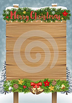 Merry christmas wood board sign winter background